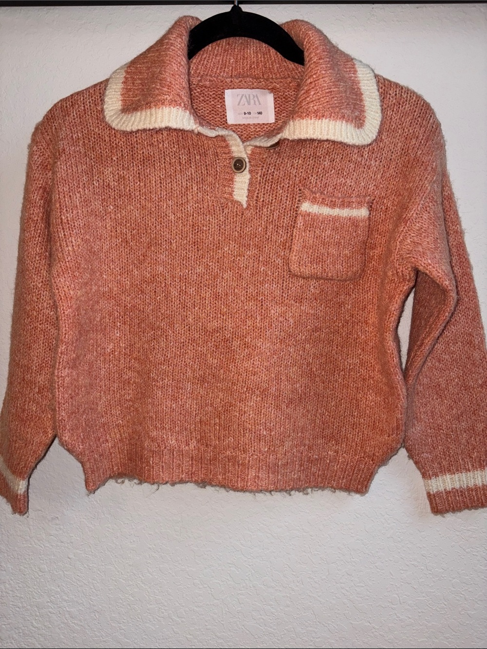 Zara Peach Knit Polo Sweater with Cream Trim Accent